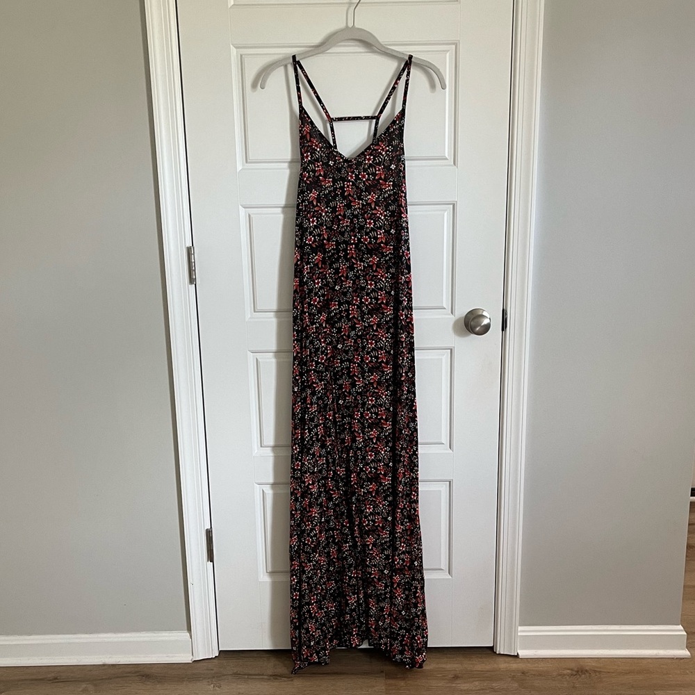 Tiare Hawaii Black and Red Floral Maxi Dress Boho